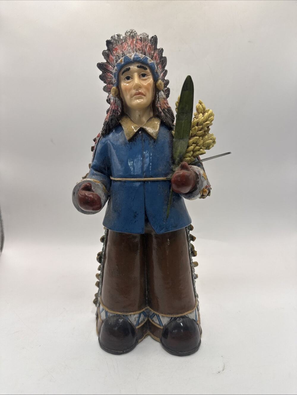 Vintage Native American Chief Harvest Corn Feather Headdress Figurine 9” *